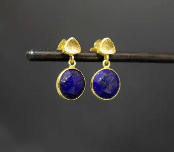 Round Lapis and Brushed Gold Vermeil Earrings