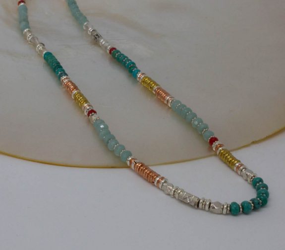 Turquoise, Amazonite and Coral Mixed Metals Necklace
